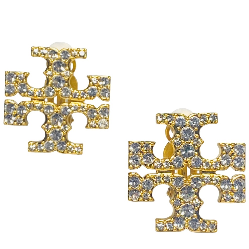 NEW Tory Burch Roxanne Statement Crystal Pave Logo Clip On Earrings